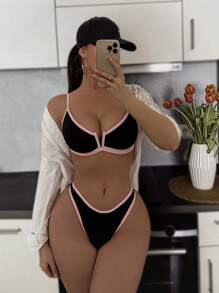 Swim SXY Đồ bơi Tankini cổ chữ V cắt xẻ màu sắc cho nữ, Đồ bơi phong cách Châu Âu gợi cảm - màu đen - Xem 3