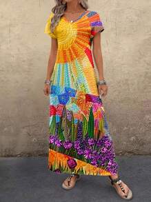 EMERY ROSE Women's V-Neck Floral Print Casual Straight Vacation Dress - Multicolor - View 6