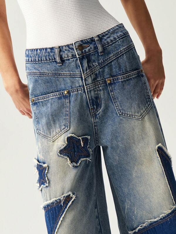 Bohemela Boho Country Western Music Festival Star & Moon Applique Loose Wide Leg Distressed Denim Pants For Women