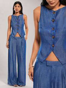 SHEIN Forever 21 Summer Clothes /Business Women Attire/Graduation Outfit /Women Workoutfits /Elegant /Casual Women Outfits/Summer Clothes /Blue Sleeveless Vest And Trousers/Summer Two Pieces Outfits - Blue - View 1