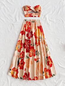 Soleia 女士夏季服装，女士两件套，女士度假服装，复活节，女士西部服装，女士婚礼宾客服装，女士演唱会服装，狂欢节服装，夏季浪漫花卉印花前系带抹胸上衣和松紧腰A字裙女士两件套 - 彩色 - 查看 7