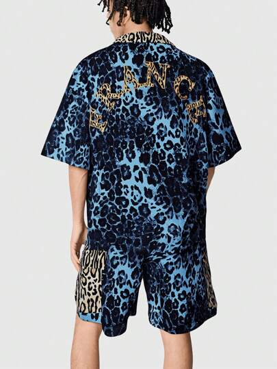 Grunge Punk Men's Grunge Casual Leopard Print Short Sleeve Shirt & Shorts Set