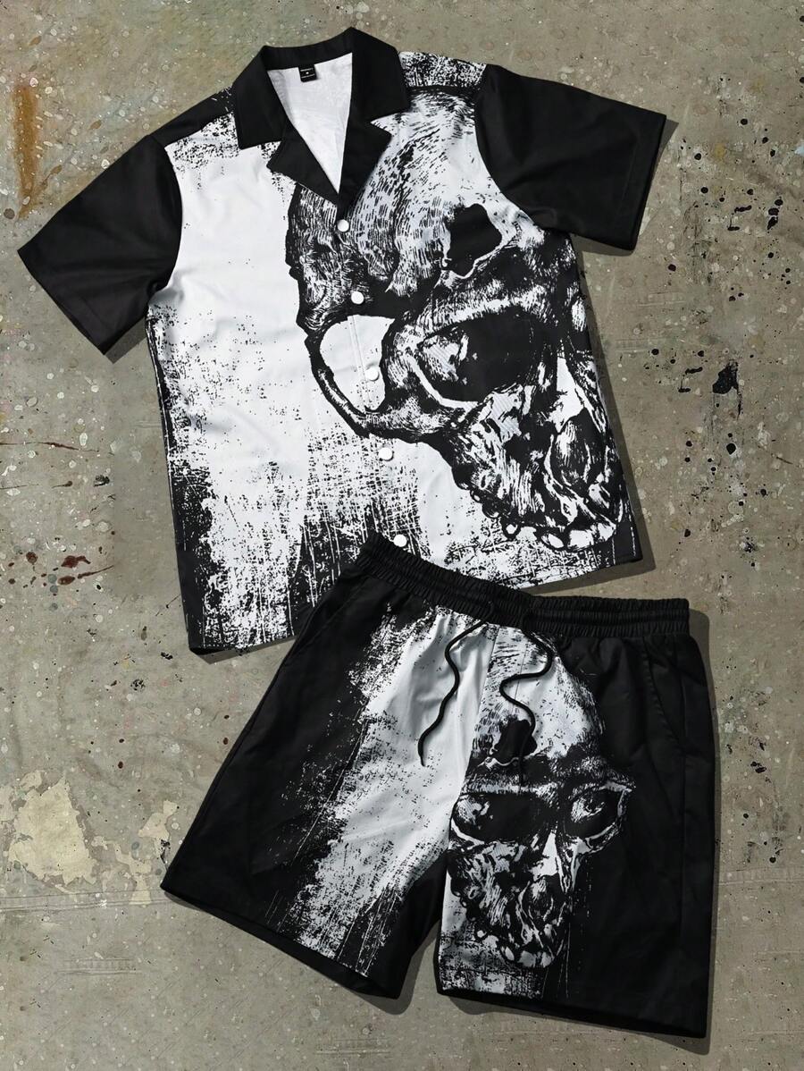 Manfinity Roghcode 2pcs Men's Printed Short Sleeve Single-Breasted Shirt And Shorts Set - Black - View 1
