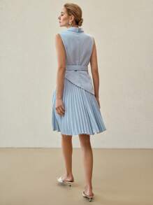 MOTF PREMIUM 實色披肩領扣帶褶皺下擺連身裙 - 藍色 - 查看 4