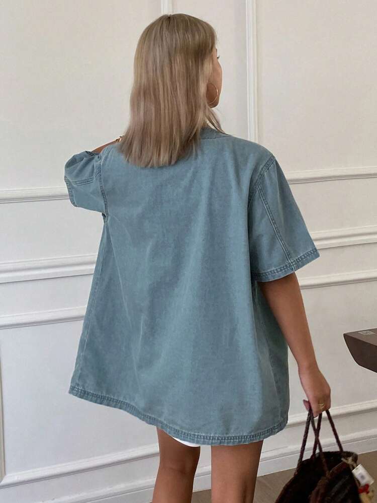 1pc Women's Short Sleeve V-Neck Denim Jacket And Coat