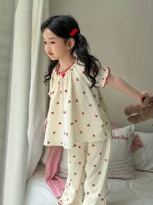 SHEIN Leap Crew Dozemod Young Girl 2 Pieces Set Cherry Pattern Ruffle Round Neck Short Sleeve Top And Loose Comfortable Woven Pants Pajama Set - Apricot - View 5