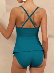 Swim Lushoire 2pcs/Set Women Summer Beach Vacation Casual Solid Color Twist Front Top And Sexy High Waist Tankini Bottom Tankini Swimwear - Teal Blue - View 2