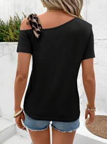 SHEIN LUNE Áo thun nữ tay ngắn buộc dây họa tiết da báo, kiểu dáng thường ngày, phù hợp cho công sở và hoạt động ngoài trời. - màu đen - Xem 2