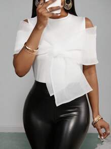 Slaydiva 2025夏季新款音乐节,复活节,西部风,游牧风,优雅风,端庄风,适合参加婚礼,生日派对,毕业季,学生装,日常出游,百搭百搭,休闲,度假,邮轮旅行,沙滩,海边,享受阳光,热销单品,浪漫,超级蝴蝶结,圆领,露肩,网眼拼接,白色女T恤 - 白色 - 查看 4