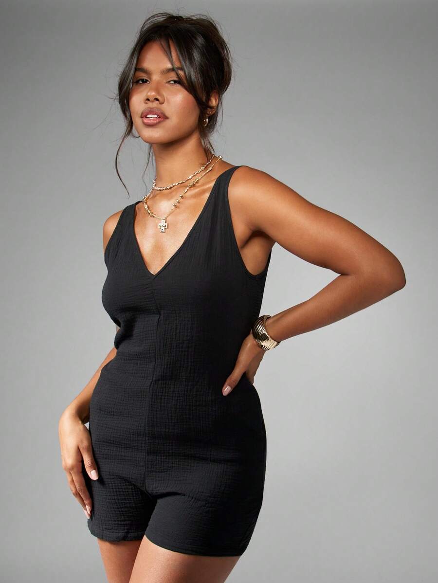 MISSGUIDED 寬鬆版型棉紗夏季連身短褲褲裝 V領無袖設計 休閒居家服 春季海灘度假穿搭 舒適 - 黑色 - 查看 1