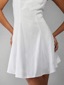 MISSGUIDED 亚麻无肩带迷你连衣裙，A字型，夏季派对婚礼宾客露肩沙滩度假短款连衣裙，带口袋，经典简约风格 - 白色 - 查看 5
