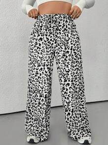 CovetEZ Plus Size Women Leopard Print Drawstring Waist Straight Leg Casual Pants, Winter - White - View 4