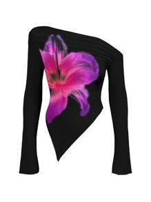 myriadwaveart Plus Size Purple Floral T-Shirt For Women, Summer Music Festival Beach Vacation - Multicolor - View 1