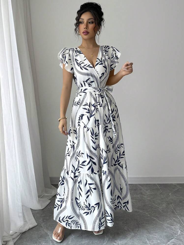 Elenzga Vestido largo de gasa con estampado floral, mangas cortas, cintura con lazo y bajo con volantes, elegante y versátil para uso diario, vacaciones, fiestas en la playa o eventos (estampado aleatorio) - Azul y blanco - Añade 3