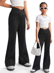 SHEIN Tween Girls Baby Spring/Summer Elastic Waistband Pleated Black Petite Bell Bottoms - Black - View 6