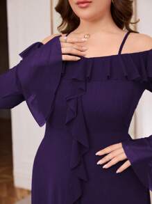 Modelyn Vestido elegante cómodo para mujer de talla grande con hombros descubiertos, mangas abullonadas y dobladillo con volantes de tela de red - Morado - Ver 6