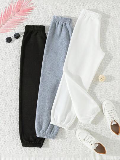 SHEIN Explorewe Tween Girl 3 peças/conjunto de calças térmicas forradas, cor sólida casual confortável para uso diário