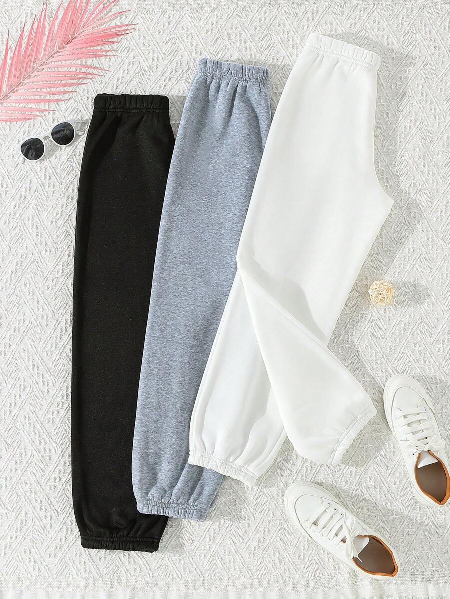 SHEIN Explorewe Tween Girl 3 peças/conjunto de calças térmicas forradas, cor sólida casual confortável para uso diário