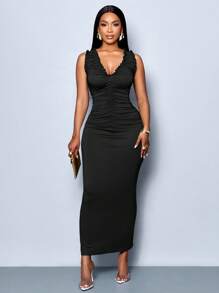 SOLERSUN Women's Spring Summer Solid Color Vacation Beach Elegant Simple Daily Wear Ruched Bodycon Dress Sleeveless Split Hem - Black - View 7