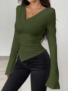 Airlisse Off-Shoulder Asymmetric Hem Knit T-Shirt, Fitted Waist Fall Cloth For Women - Army Green - View 6