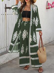 Breezaya Bohemian Style Print 2 Pieces Kimono Set For Women, Suitable For Holiday Fall Cloth For Women