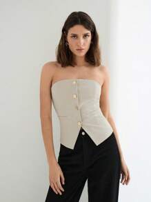 Maija Women's Apricot Summer Top, Solid Color Front Single-Row Metal Button With Pockets, Back Elastic Waist, Sleeveless Fitted Crop Top, Fashionable Simple Sexy For Holidays, Office, Casual, Business, Commuting, Airport