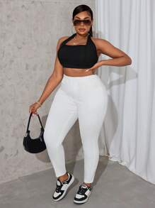 SHEIN SXY Plus Size Solid Color Elastic Skinny Jeans - White - View 5