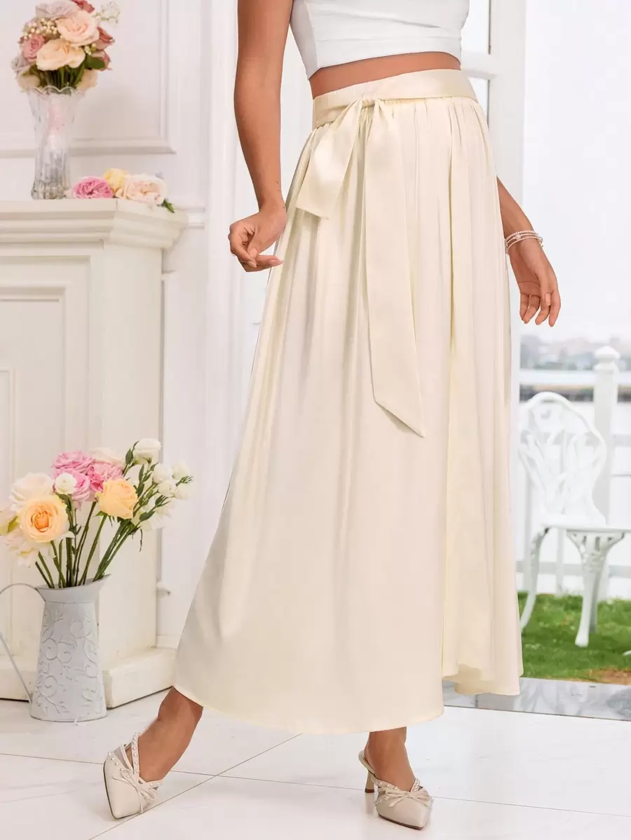 SHEIN Tie-Up Solid Color Maxi Maternity Skirt - Apricot - View 1