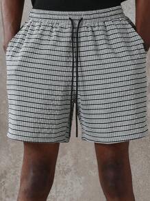 SUMWON Premium Check Pattern Regular Fit Drawstring Shorts, Loungewear Casual Summer Bermuda Walking Comfort Bottoms With Side Pockets - Black and White - View 6