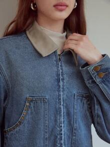 MOTF STUDIO CONTRAST COLLAR DENIM JACKET - Medium Wash - View 2