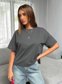 Siren Gaze 女士夏季短前長後基礎款T恤 - 深灰色 - 查看 4