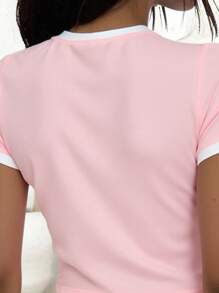 Women's European & American Style Round Neck Patchwork Letter Print Fitted Crop Top, Spring/Summer - Pink - View 4