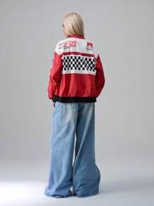 SHEIN Unity Letter Pattern Colorblock Drop Shoulder Bomber Jacket - Red - View 2