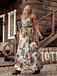 LanaWest Women's Plant Printed Ruffle Hem Spaghetti Strap Dress Maxi Women Outfit - Multicolor - View 5