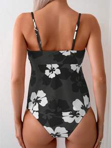 Swim Lushoire Women Floral Print Casual Spaghetti Strap Bralette Tankini Swimwear Set - Random Print