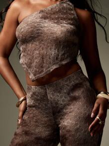 MISSGUIDED Textured Crochet Two-Piece Co-Ord Set One Shoulder Crop Top Bell Bottom Pants Set Party Club Festival Summer Beach Resort Wear Set - Coffee Brown - View 4