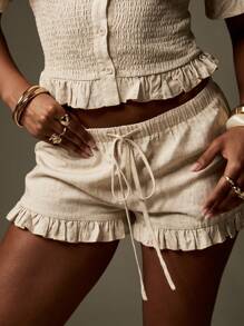 MISSGUIDED Linen Blend Shirred Ruffle Trim Summer Two Piece Set With Smocked Crop Shirt And Drawstring Shorts For Beach Vacation Resort Wear Spring Lounge