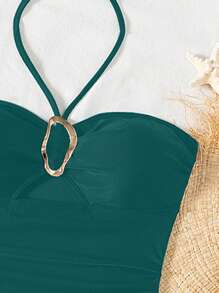 1 件女士优雅常规款露背细肩带连体泳衣，适合所有季节 - 水鴨藍 - 查看 3