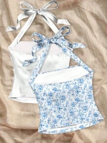 Soleia 2 pezzi Top di canottiera con stampa floreale ditsy blu su scollo a oliva e schiena scoperta, con pieghe, adatto per donna, ideale per vacanze al mare