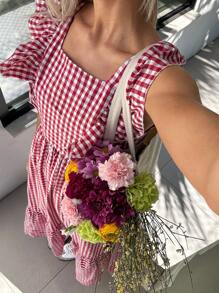 SHEIN EZwear 方领格子蝴蝶结连衣裙，甜美中长连衣裙，夏季新品 - 紅色 - 查看 3