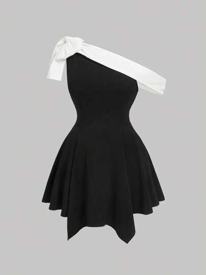 SHEIN MOD Black & White Contrast Color Block Bow Decor Shoulder Gathered Waist Plus Size Mini Dress,Wedding Season Dress