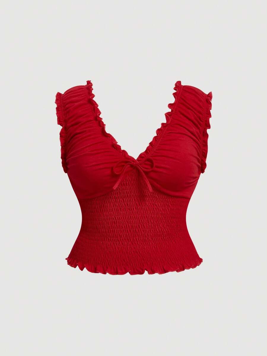 SHEIN MOD 大码复古红色褶皱短款青少年背心。女士休闲上衣 - 紅色 - 查看 1