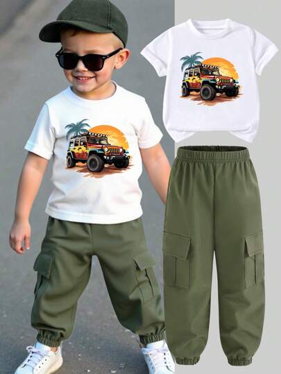 SHEIN Young Boy Car Print Short Sleeve Top And Drawstring Cargo Pants Set