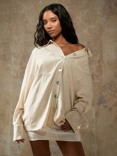 MISSGUIDED PLUS 加大码超大亚麻纽扣衬衫宽松版型有领衬衫长袖专业休闲春夏办公装