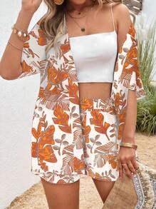 SHEIN LUNE 女士植物印花短袖和服和短裤两件套，休闲假日风格 - 橘色 - 查看 5