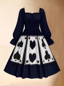Flirla Plus Size Women Playing Card Graphic Contrast Color Casual Dress - Navy Blue - View 1
