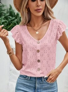 SHEIN Frenchy 女士纯色盖袖V领T恤，简约时尚，适合夏季