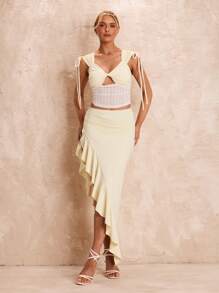 Glamine Women's Sexy Romantic Lace Square Neck Bow Patchwork And Ruffle Asymmetrical Hem Skirt 2pcs Set