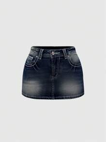 ROMWE J-Fashion Y2K Retro Low Waist Vintage Butterfly Embroidery Adjustable Contrast Line Women Denim Mini Skirt - Navy Blue - View 4