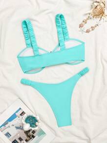 New Spring Break Solid Color Pleated Thick Strap Metal Starfish High Cut Women Beach Outfit Bikini Set - Baby Blue - View 2